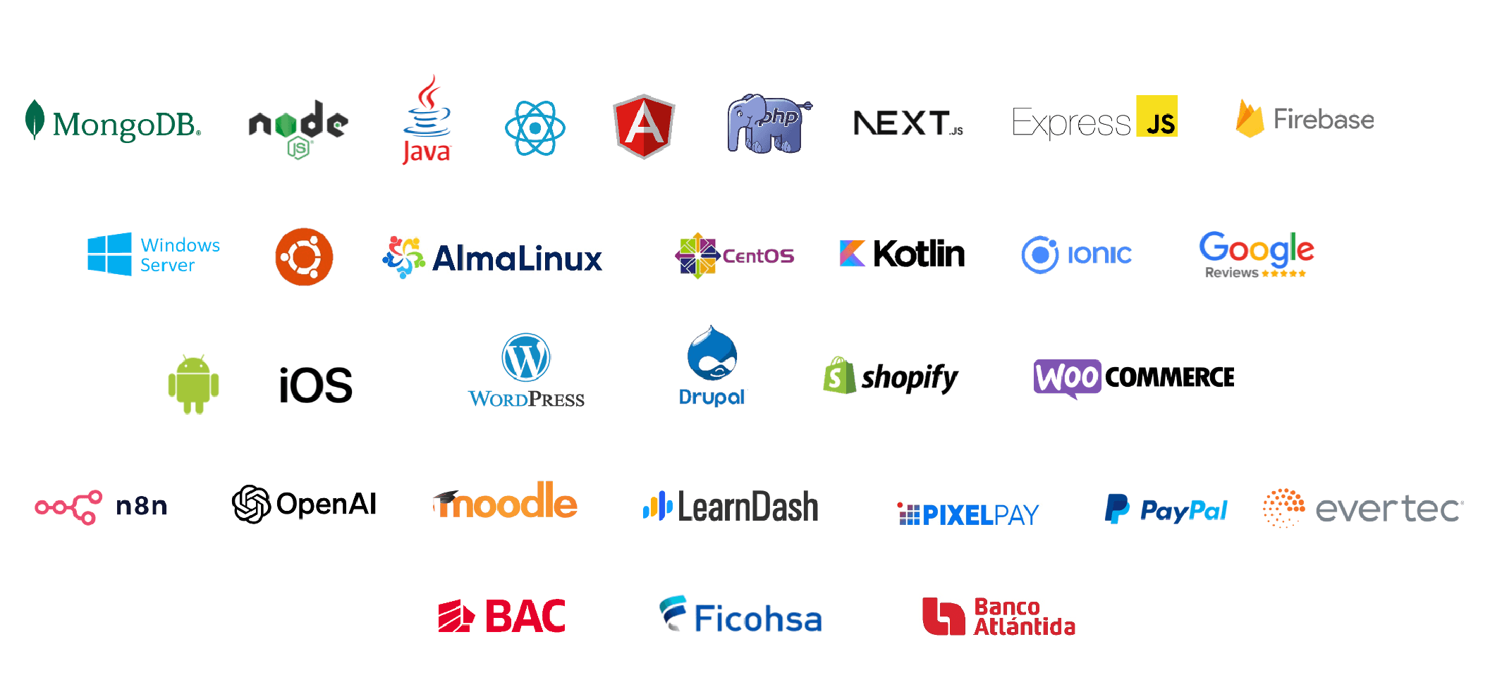 Tecnologías de desarrollo web, apps móviles, automatización, ecommerce, pagos e integraciones utilizadas por Naranja y Media como MongoDB, Node.js, Java, React, Angular, PHP, Next.js, Express, Firebase, WordPress, Shopify, WooCommerce, OpenAI, PixelPay, PayPal y Evertec
